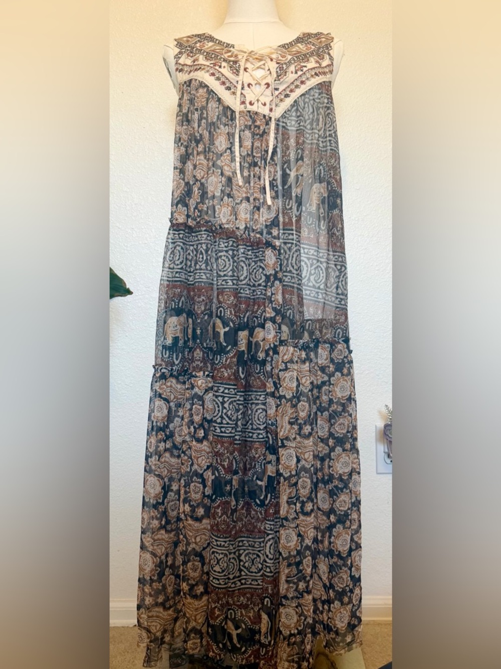 Free People Tiered Elephant & Floral Maxi Skirt in Navy and Brown